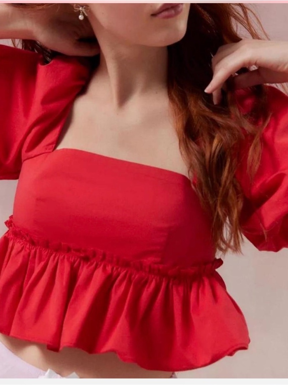 Kimchi Blue Red Square-Neck Peplum Crop Top with Puff Sleeves
